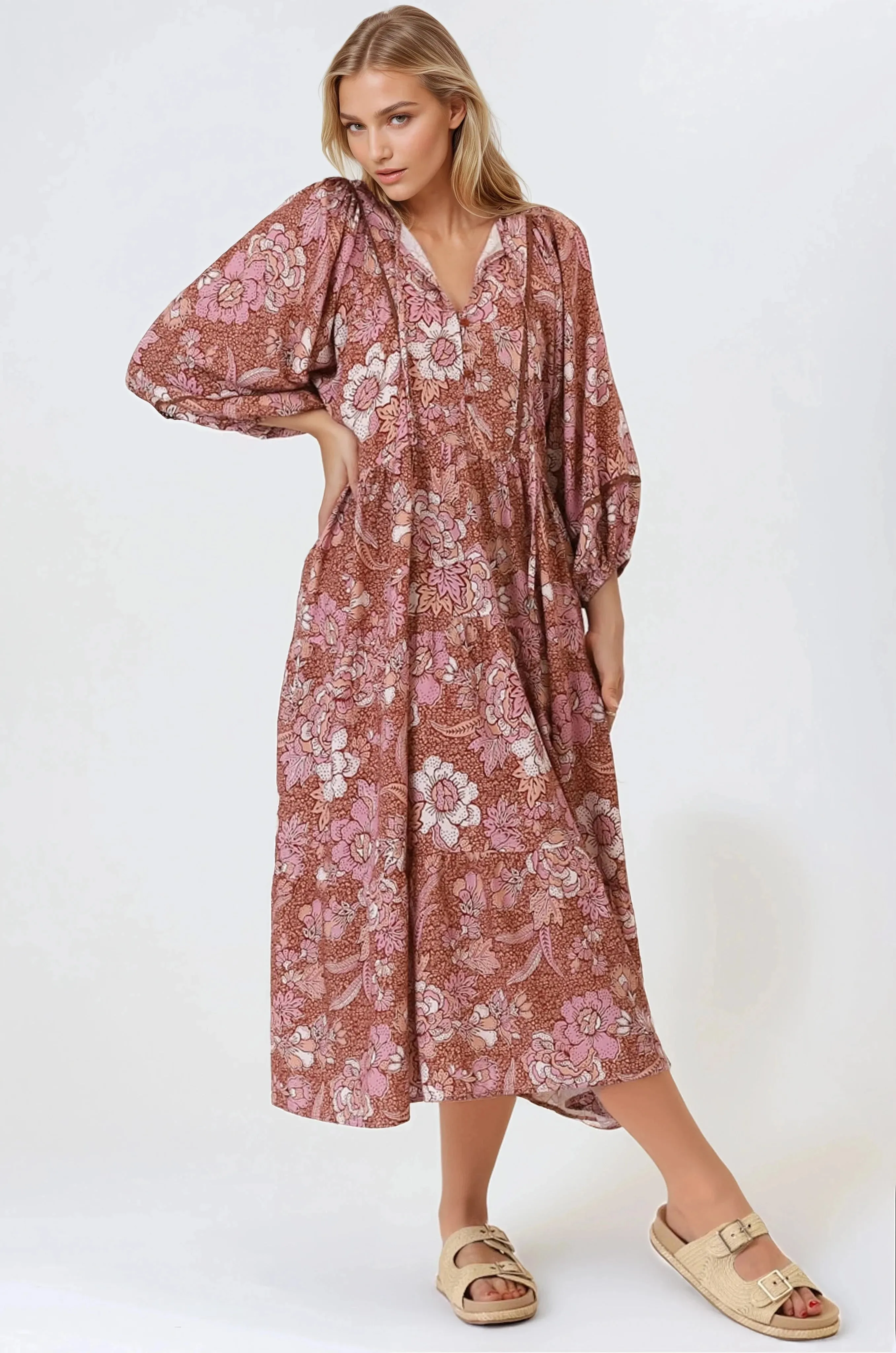 Kamali Midi Dress - Batwing Sleeve Smock Dress with Lace Detailing in Luedi Print in Rust sold by Salty Crush product image thumbnail 4