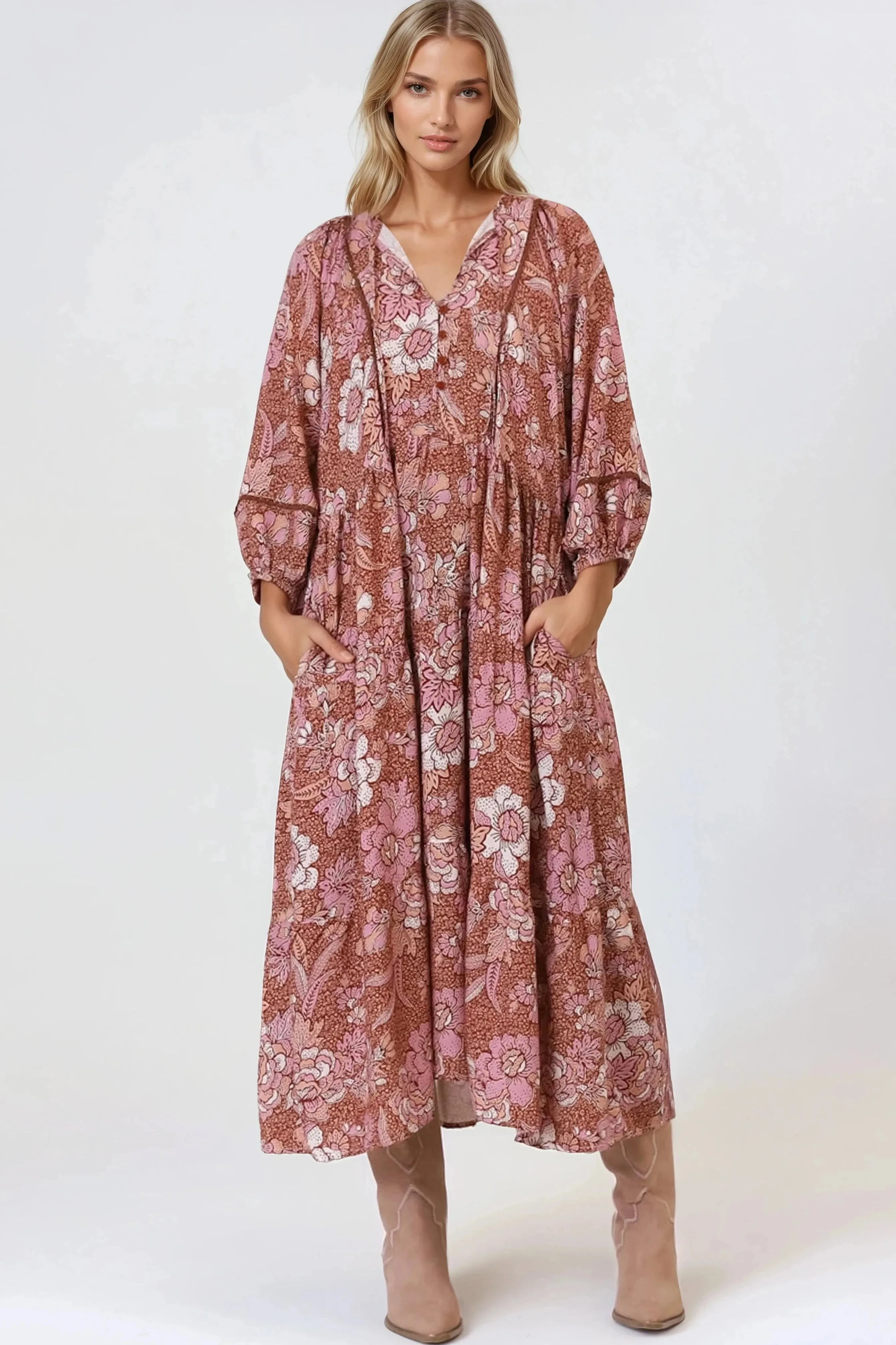 Kamali Midi Dress - Batwing Sleeve Smock Dress with Lace Detailing in Luedi Print in Rust sold by Salty Crush product image thumbnail 2