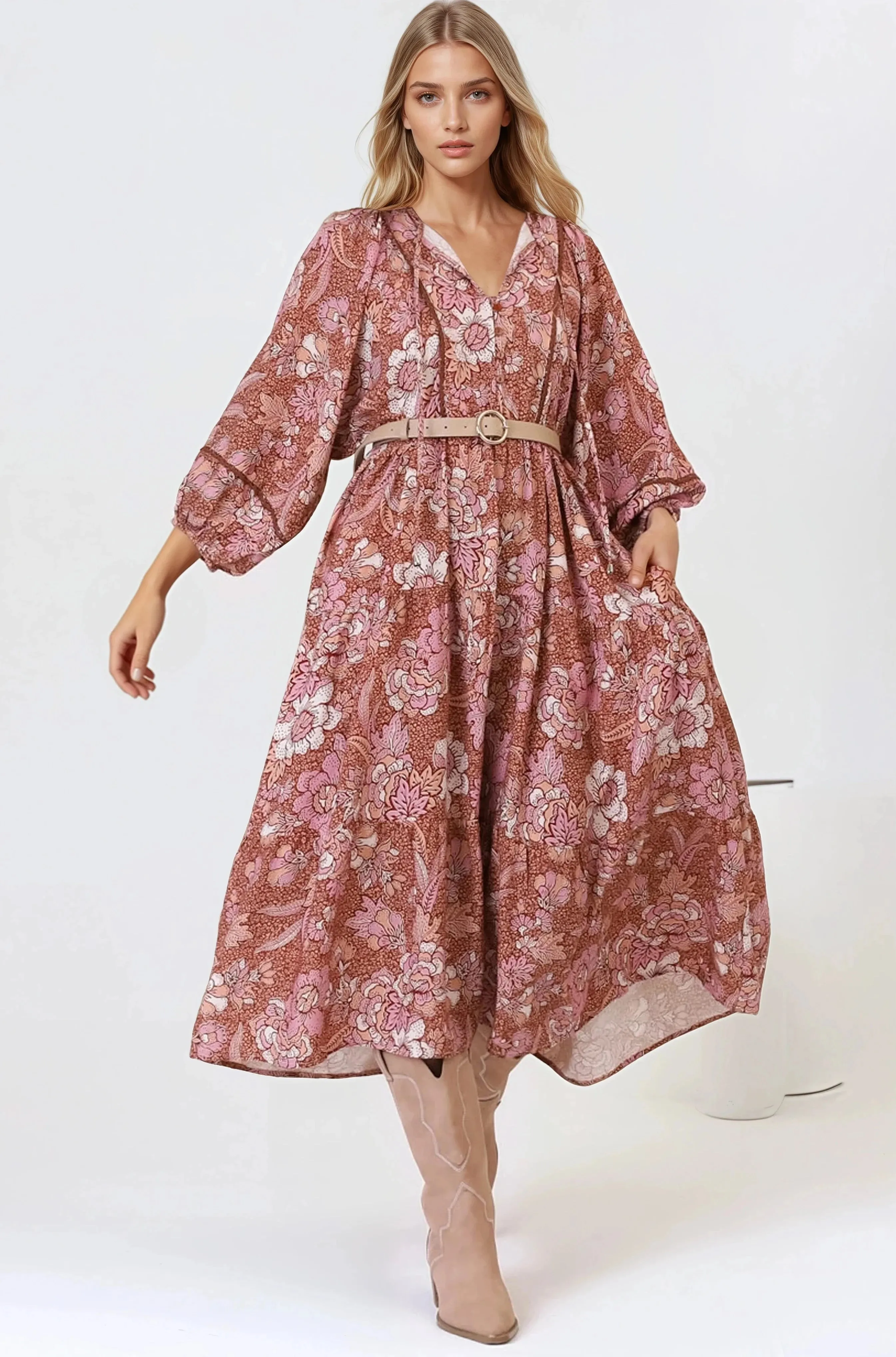Kamali Midi Dress - Batwing Sleeve Smock Dress with Lace Detailing in Luedi Print in Rust sold by Salty Crush product image thumbnail 5