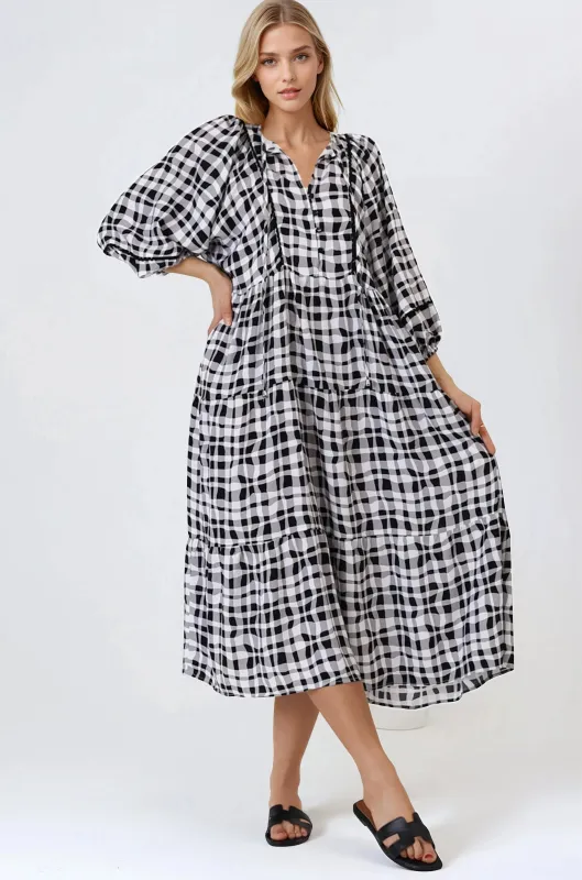 Kamali Midi Dress - Batwing Sleeve Smock Dress with Lace Detailing in Liniker Print Black sold by Salty Crush