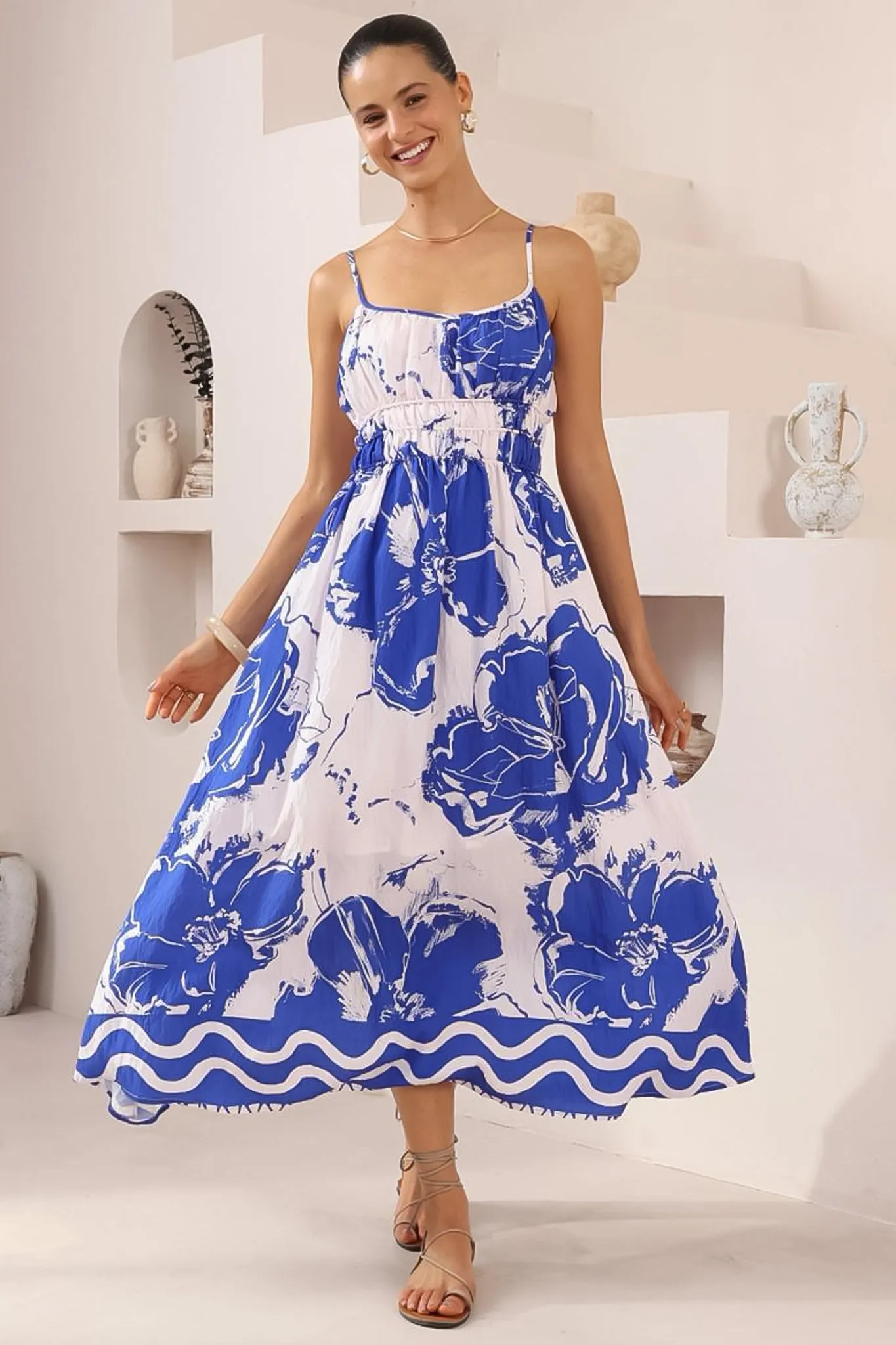 Odelia Midi Dress - Gathered and Defined Bodice Sun Dress in Katiya Print sold by Salty Crush