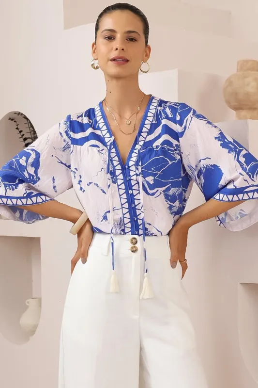 Elysia Blouse - Deep V Neck Button Down 3/4 Sleeve Top in Katiya Print sold by Salty Crush