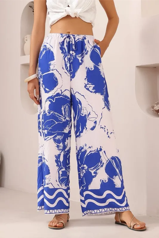 Adelaide Pants - Drawstring High Waisted Wide Leg Pant in Katiya Print sold by Salty Crush