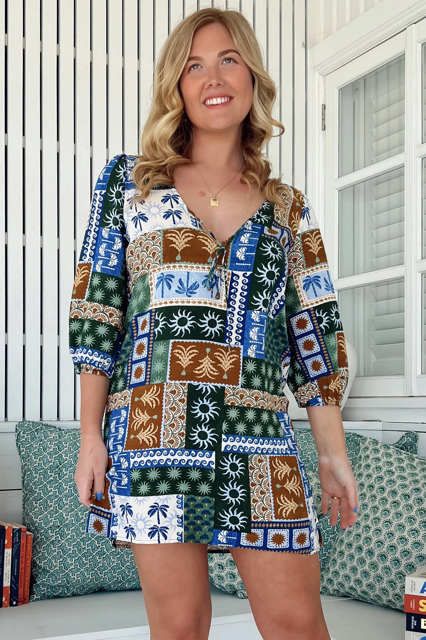 Lake Mini Dress - V Neck Shift Dress With Balloon Sleeves in Emerald Cove Print sold by Salty Crush product image thumbnail 3