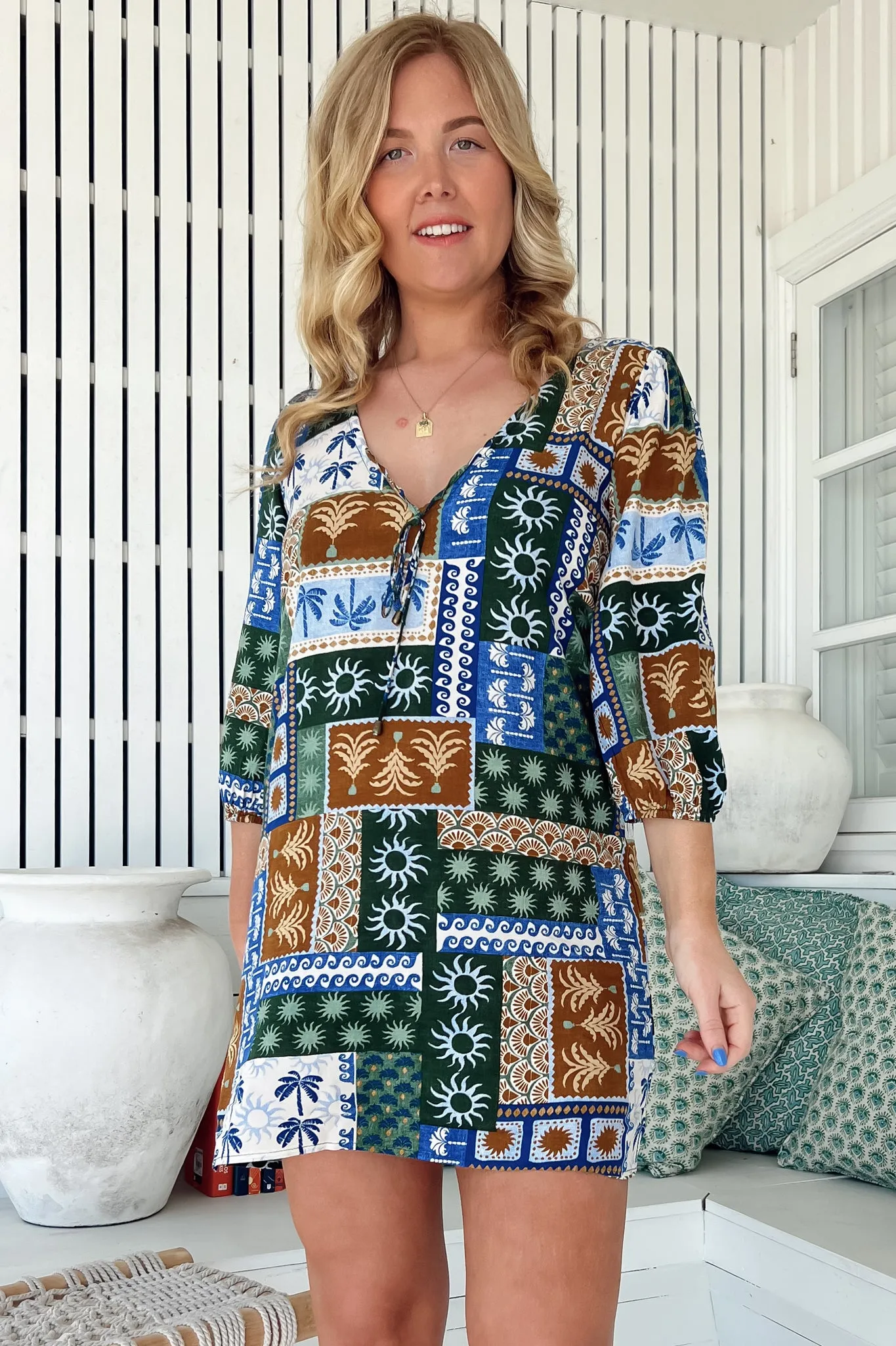 Lake Mini Dress - V Neck Shift Dress With Balloon Sleeves in Emerald Cove Print sold by Salty Crush