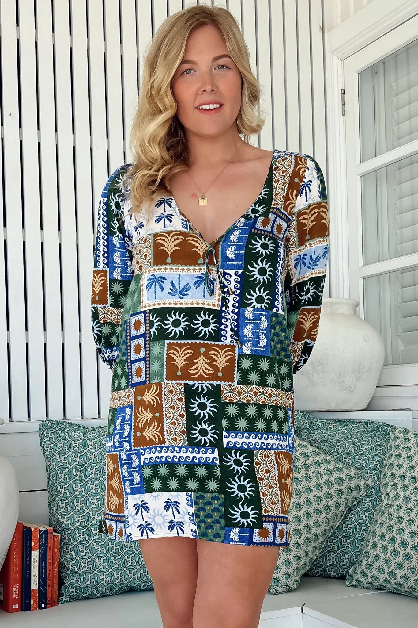 Lake Mini Dress - V Neck Shift Dress With Balloon Sleeves in Emerald Cove Print sold by Salty Crush product image thumbnail 4