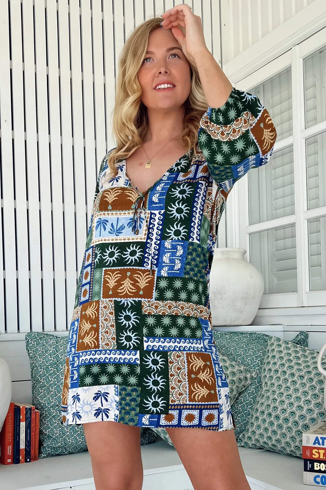 Lake Mini Dress - V Neck Shift Dress With Balloon Sleeves in Emerald Cove Print sold by Salty Crush product image thumbnail 2