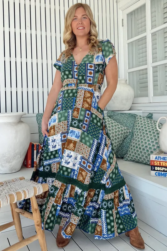 Carmen Maxi Dress - Butterfly Cap Sleeve Button Down A Line Dress with Lace Trim in Emerald Cove Print sold by Salty Crush