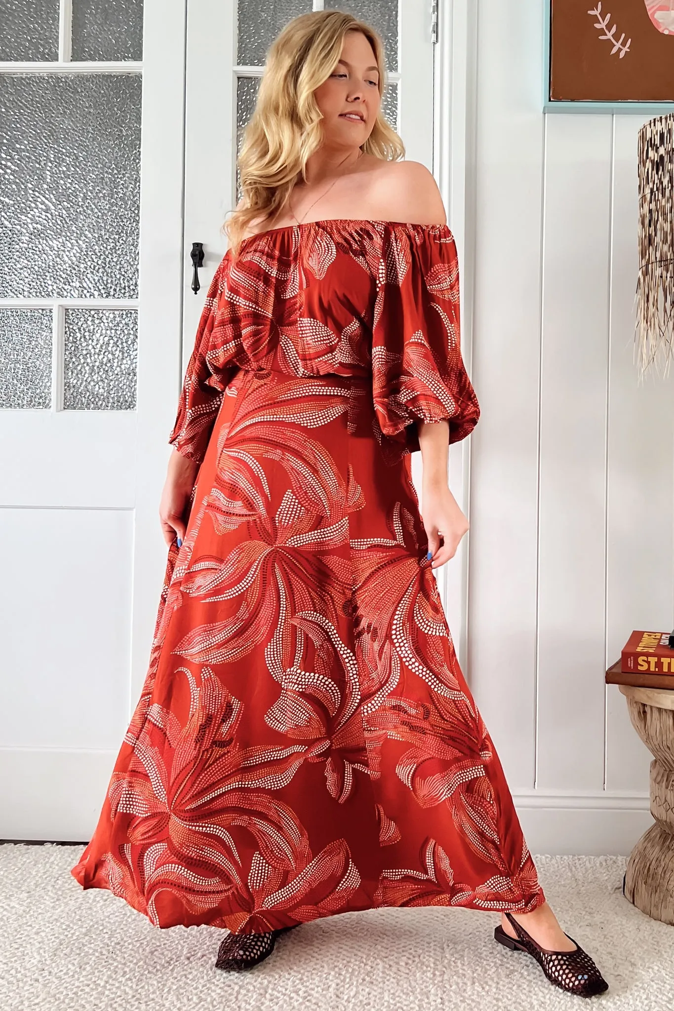 Hallie Maxi Dress - Off Shoulder Balloon Sleeve Dress in Hibiscus Print sold by Salty Crush product image thumbnail 2