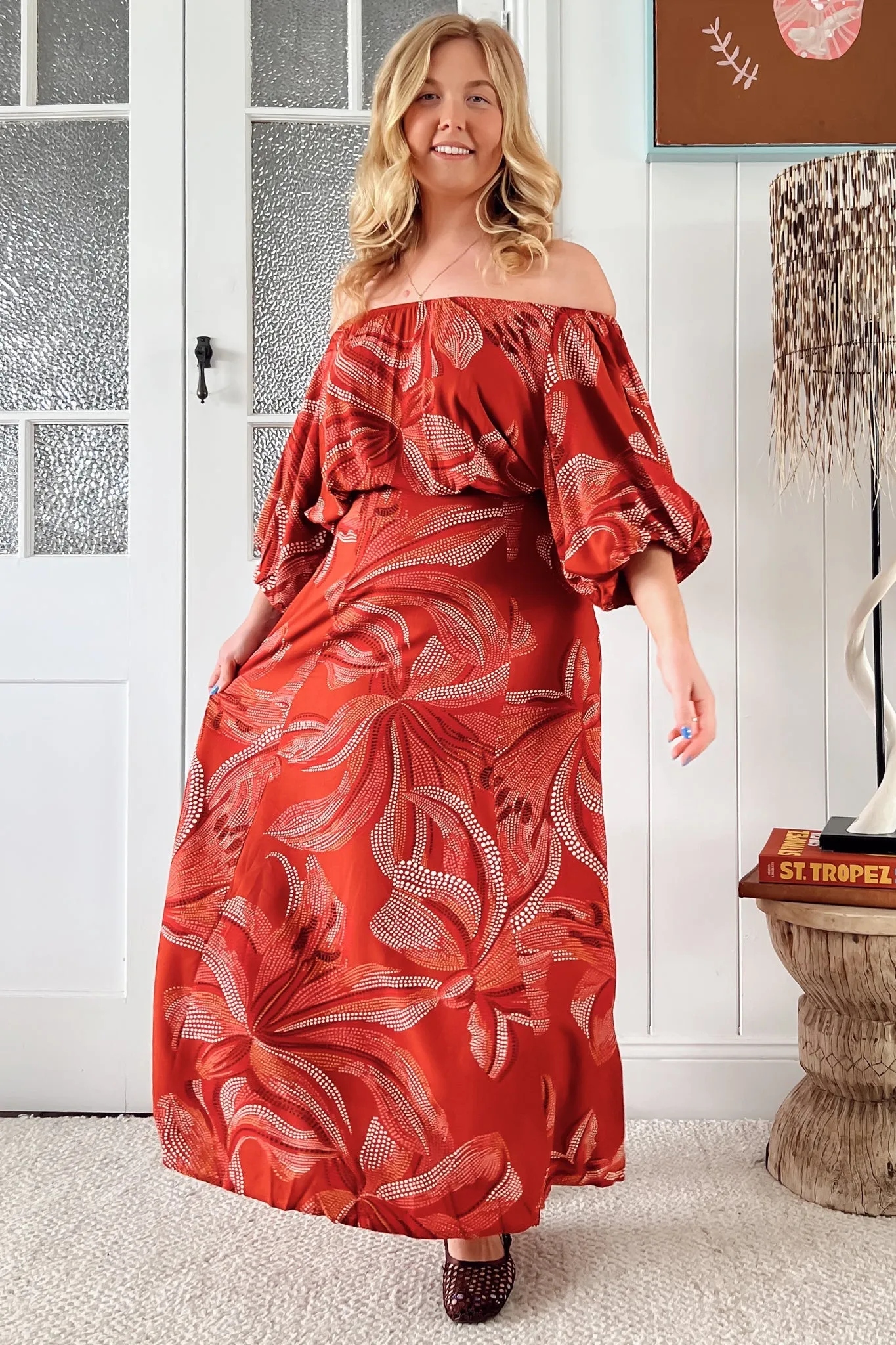 Hallie Maxi Dress - Off Shoulder Balloon Sleeve Dress in Hibiscus Print sold by Salty Crush product image thumbnail 4