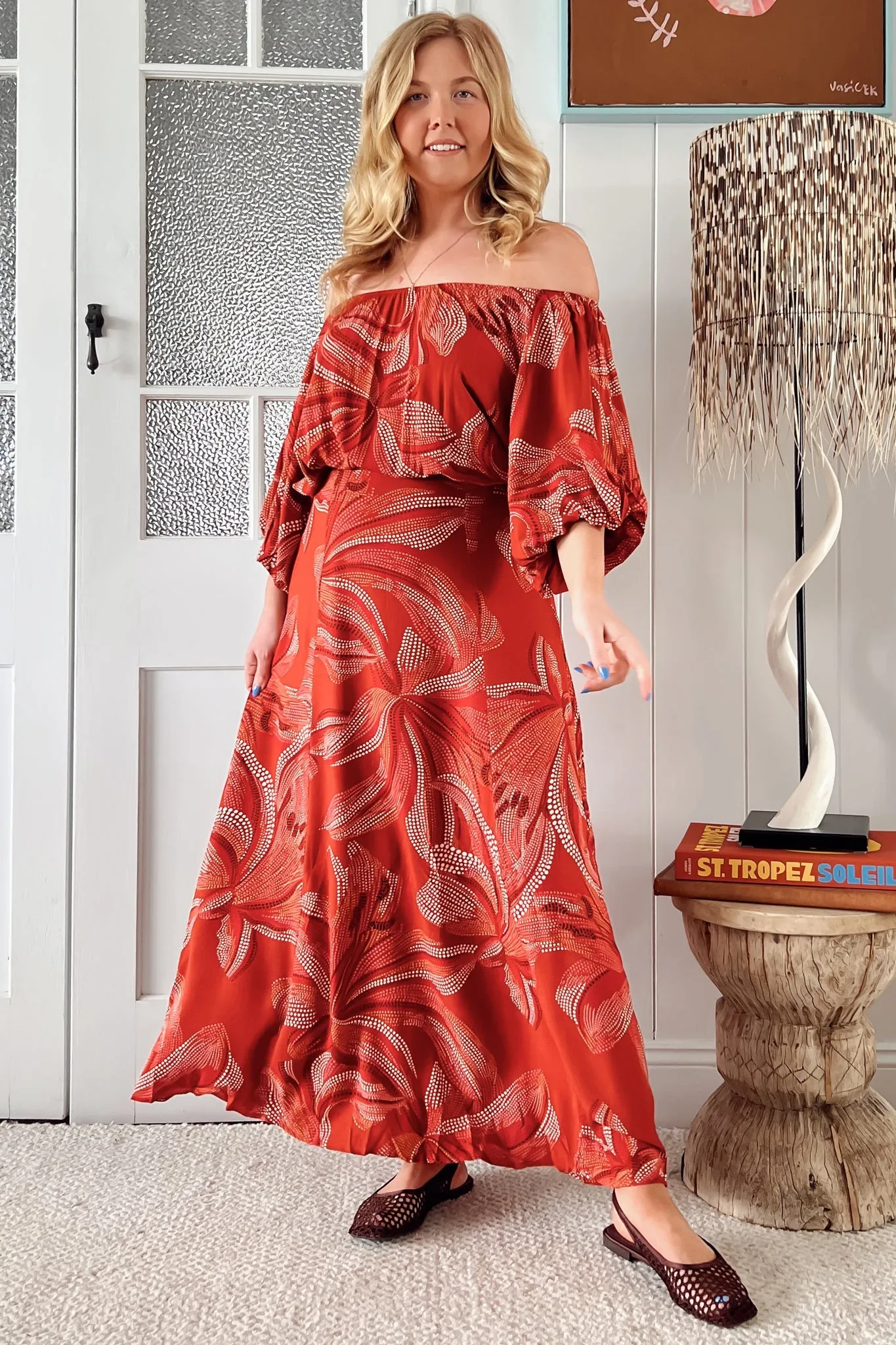 Hallie Maxi Dress - Off Shoulder Balloon Sleeve Dress in Hibiscus Print sold by Salty Crush product image thumbnail 3