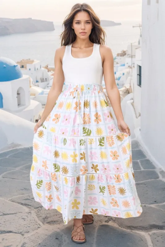 Billy Maxi Skirt - Tiered Crochet Insert Skirt in Ebbe Print Green sold by Salty Crush