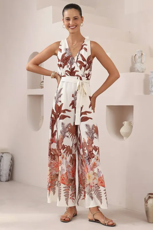 Lira Jumpsuit - V-Neck Wide Leg Pant Jumpsuit with Belt in Azriel Print sold by Salty Crush
