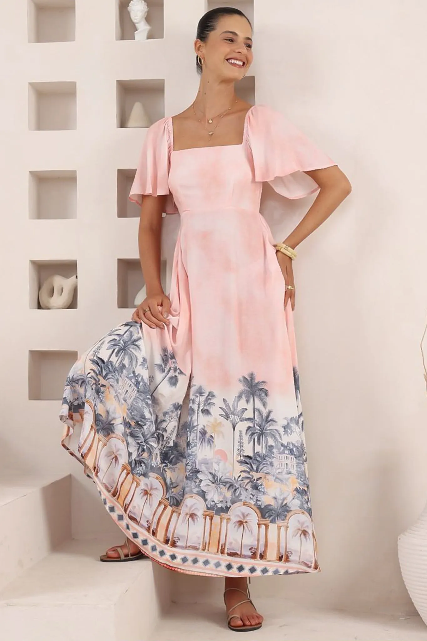 Ashby Maxi Dress - On or Off Shoulder A-Line Dress with Pockets in Armena Print sold by Salty Crush