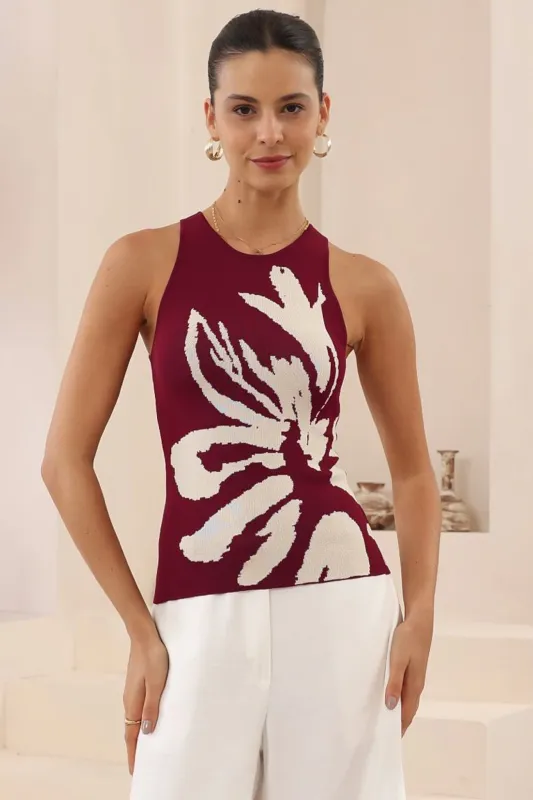 Amika Knit Top - Crew Neck Floral Print Knit Top in Wine sold by Salty Crush