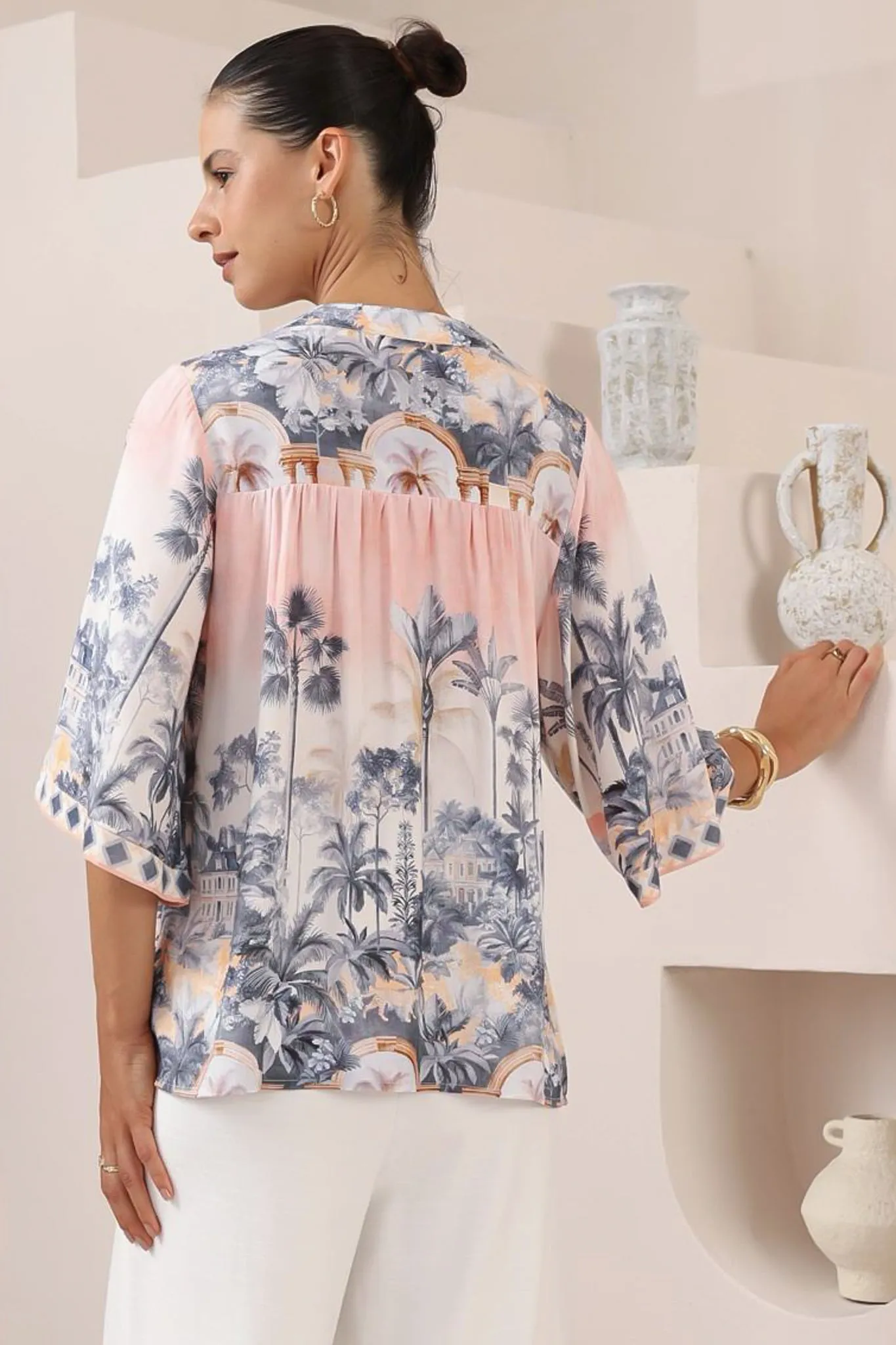 Elysia Blouse - Deep V Neck Button Down 3/4 Sleeve Top in Armena Print sold by Salty Crush product image thumbnail 5
