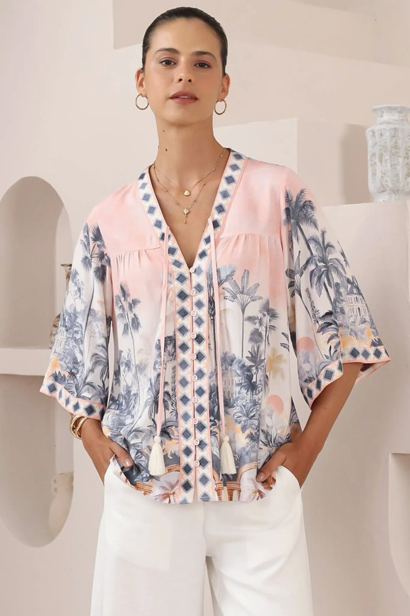 Elysia Blouse - Deep V Neck Button Down 3/4 Sleeve Top in Armena Print sold by Salty Crush product image thumbnail 2