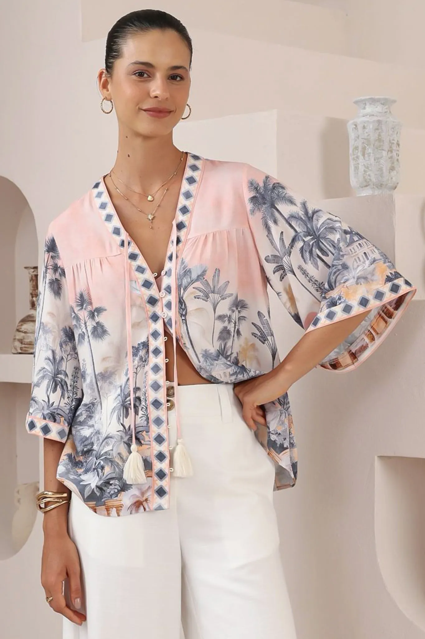 Elysia Blouse - Deep V Neck Button Down 3/4 Sleeve Top in Armena Print sold by Salty Crush