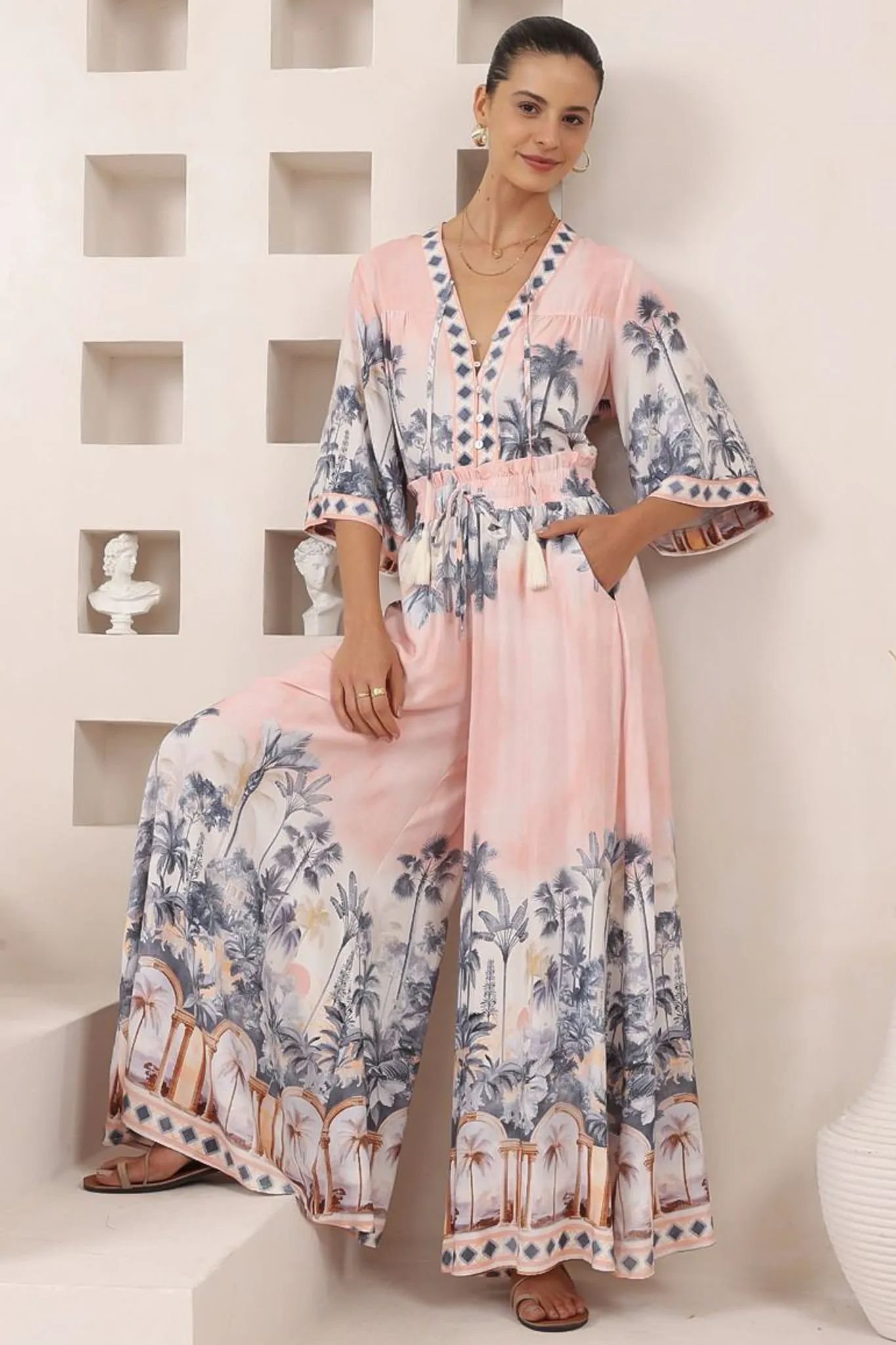 Elysia Blouse - Deep V Neck Button Down 3/4 Sleeve Top in Armena Print sold by Salty Crush product image thumbnail 3