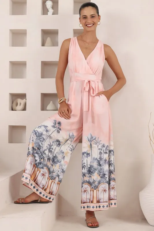 Lira Jumpsuit - V-Neck Wide Leg Pant Jumpsuit with Belt in Armena Print sold by Salty Crush