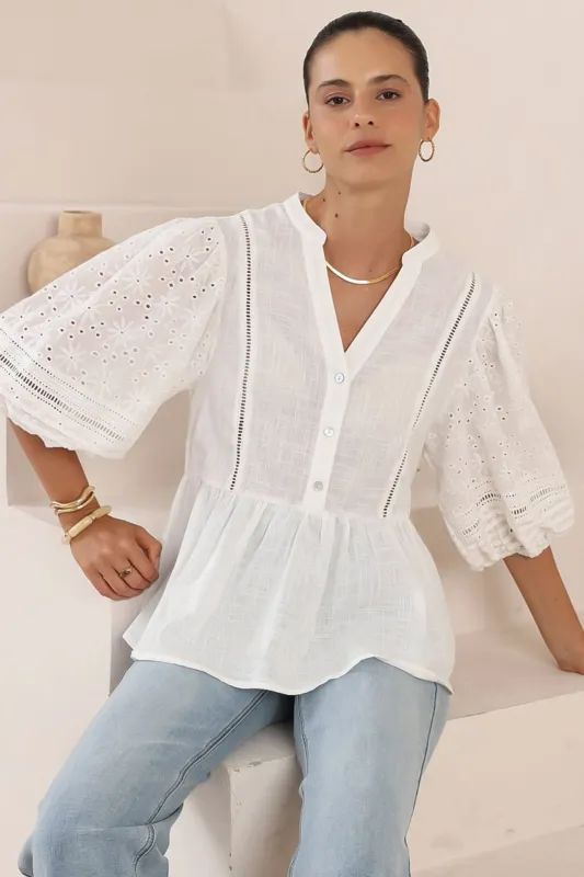 Alberta Blouse - Mandarin Collar Cut Out Embelished Balloon Sleeve Top in White sold by Salty Crush