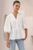 Alberta Blouse - Mandarin Collar Cut Out Embelished Balloon Sleeve Top in White sold by Salty Crush