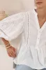 Alberta Blouse - Mandarin Collar Cut Out Embelished Balloon Sleeve Top in White sold by Salty Crush