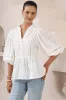 Alberta Blouse - Mandarin Collar Cut Out Embelished Balloon Sleeve Top in White sold by Salty Crush