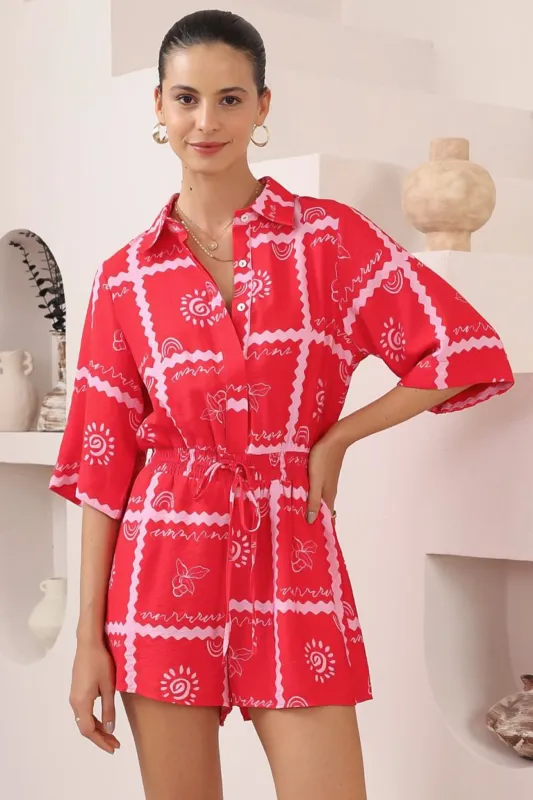 Odair Playsuit - Collared Shirt Playsuit with Pull Tie Waist and Pockets in Cambria Print made by Salty Crush