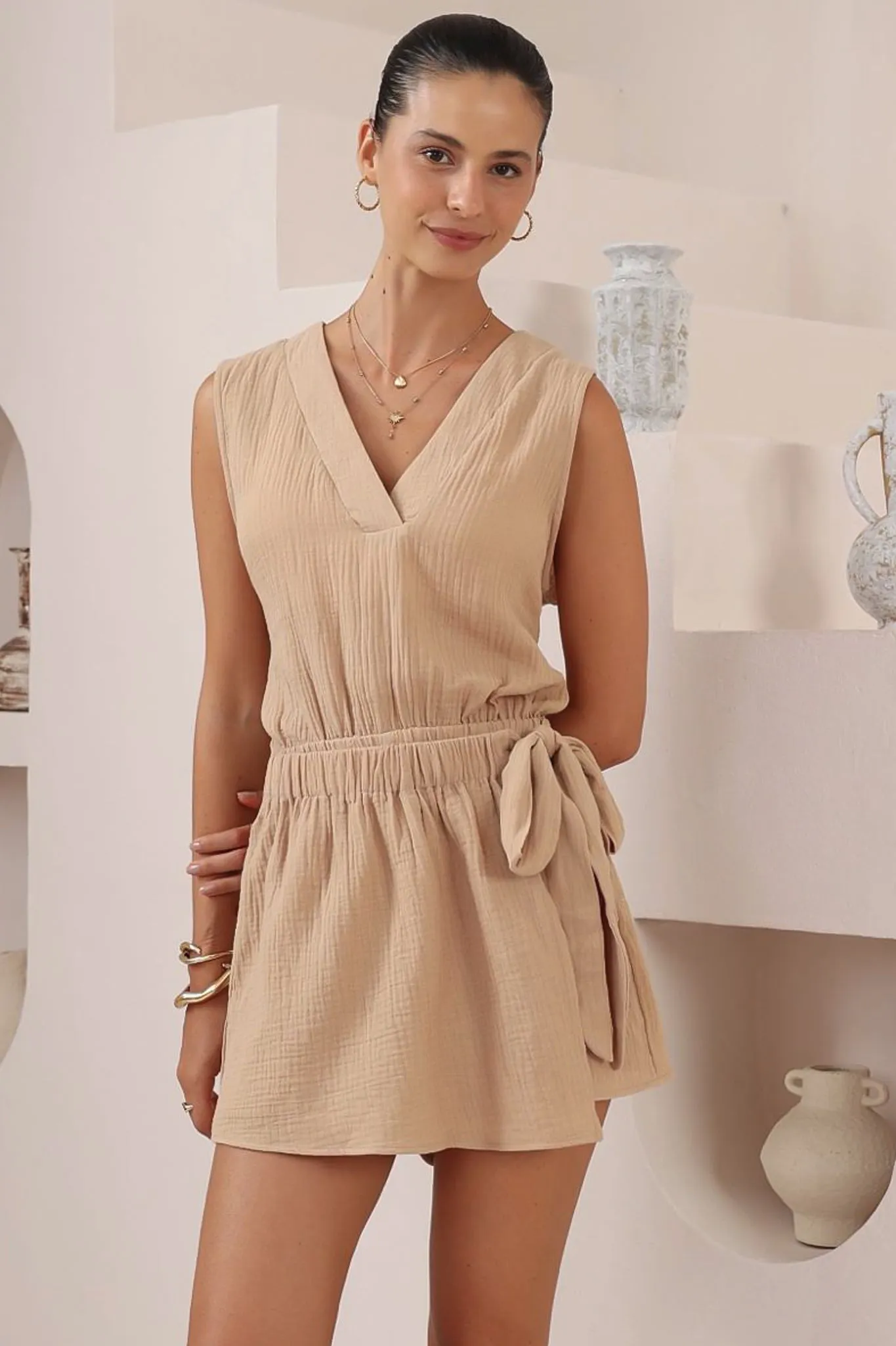 Junia Playsuit - V-Neck Sleeveless Skort Playsuit in Beige sold by Salty Crush product image thumbnail 2