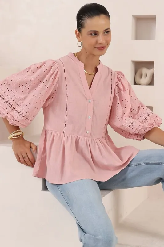 Alberta Blouse - Mandarin Collar Cut Out Embelished Balloon Sleeve Top in Pink sold by Salty Crush
