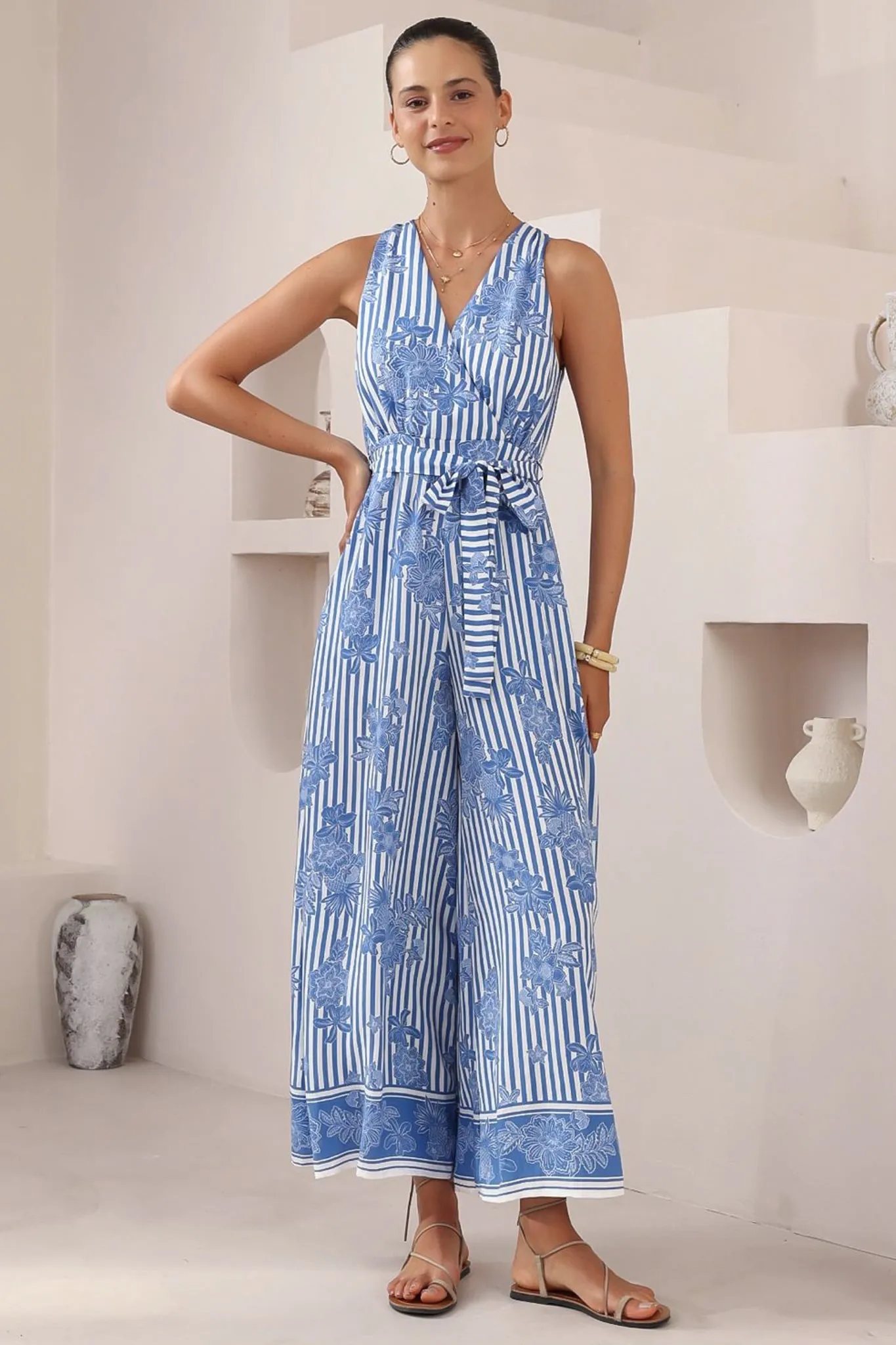 Lira Jumpsuit - V-Neck Wide Leg Pant Jumpsuit with Belt in Keller Print sold by Salty Crush