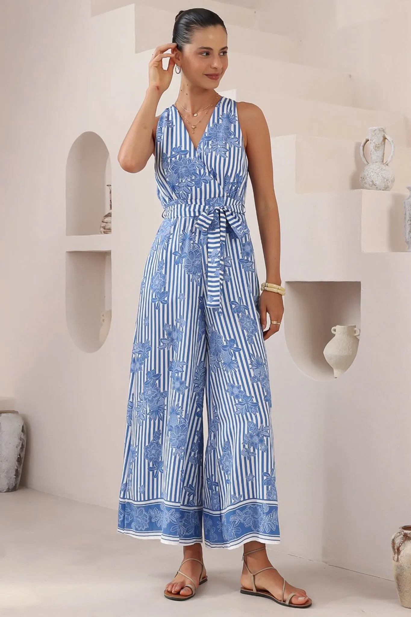 Lira Jumpsuit - V-Neck Wide Leg Pant Jumpsuit with Belt in Keller Print sold by Salty Crush product image thumbnail 3