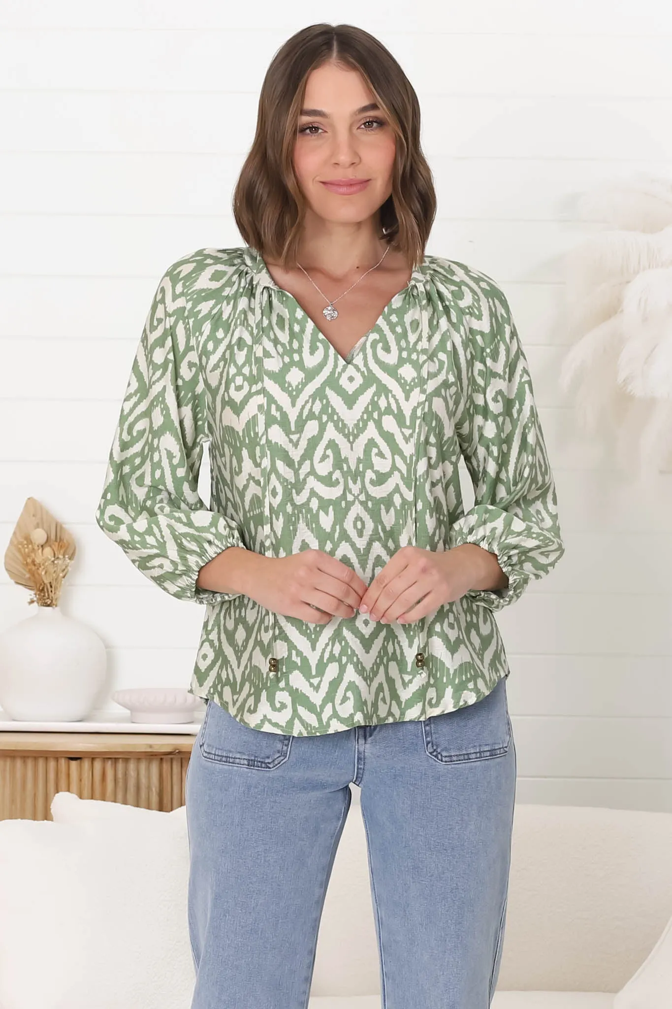 Silvie Blouse - Mandarin Collar V Neck Pull Over Blouse in Dayah Print Green sold by Salty Crush product image thumbnail 3