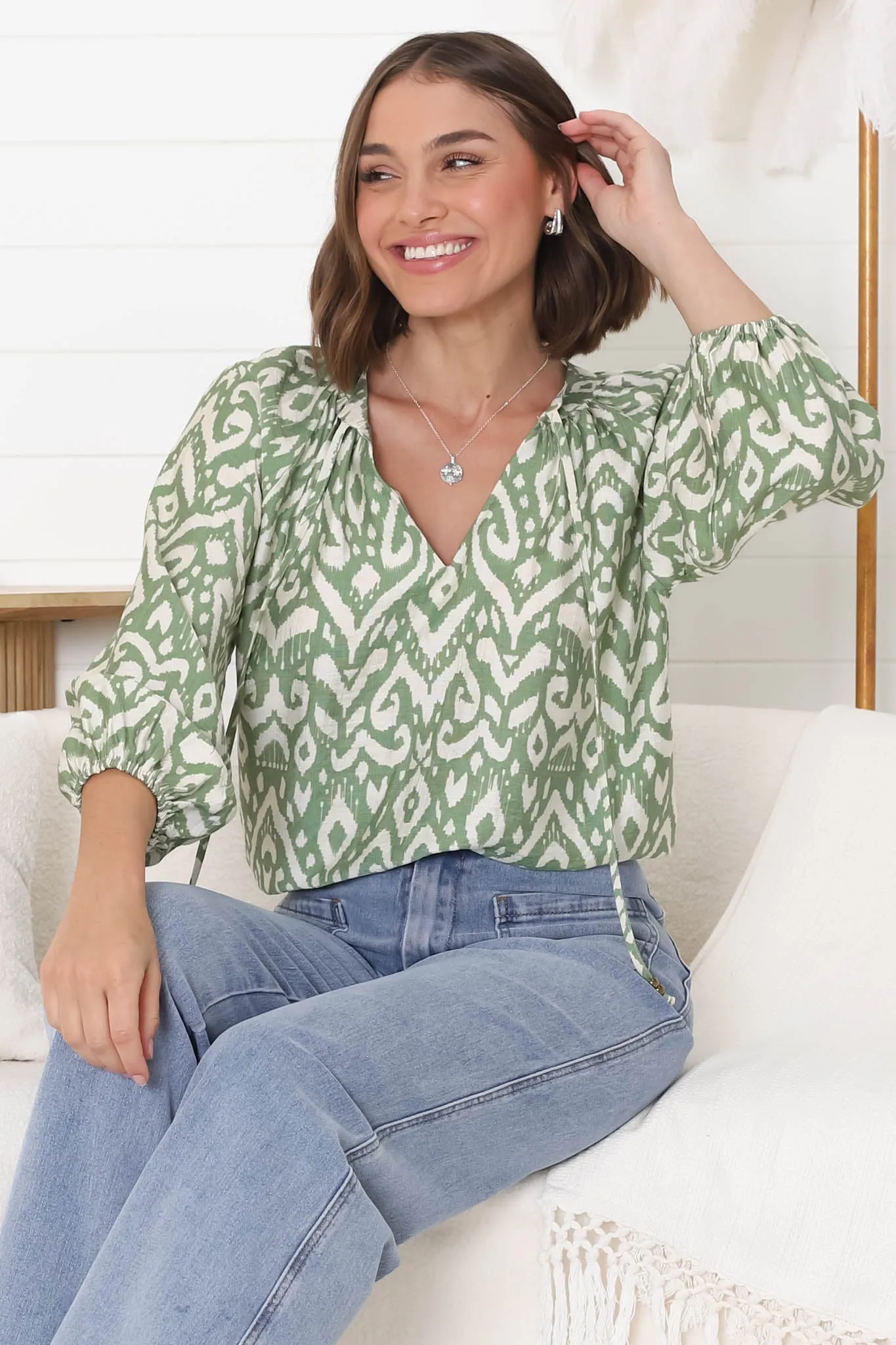 Silvie Blouse - Mandarin Collar V Neck Pull Over Blouse in Dayah Print Green sold by Salty Crush