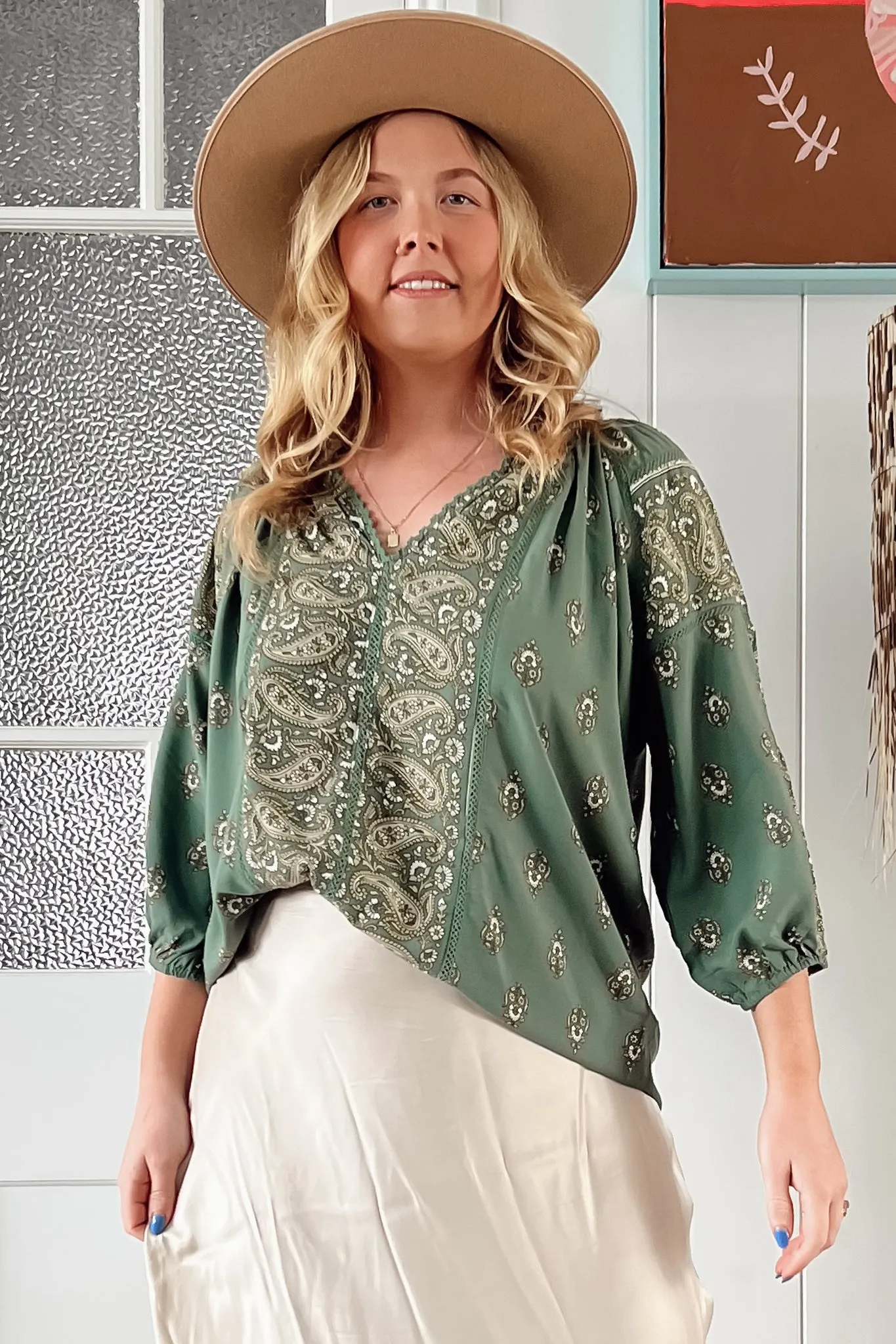 Montie Blouse - Mandarin Collar Lace Trim Detailed Top in Viridian Print sold by Salty Crush product image thumbnail 3