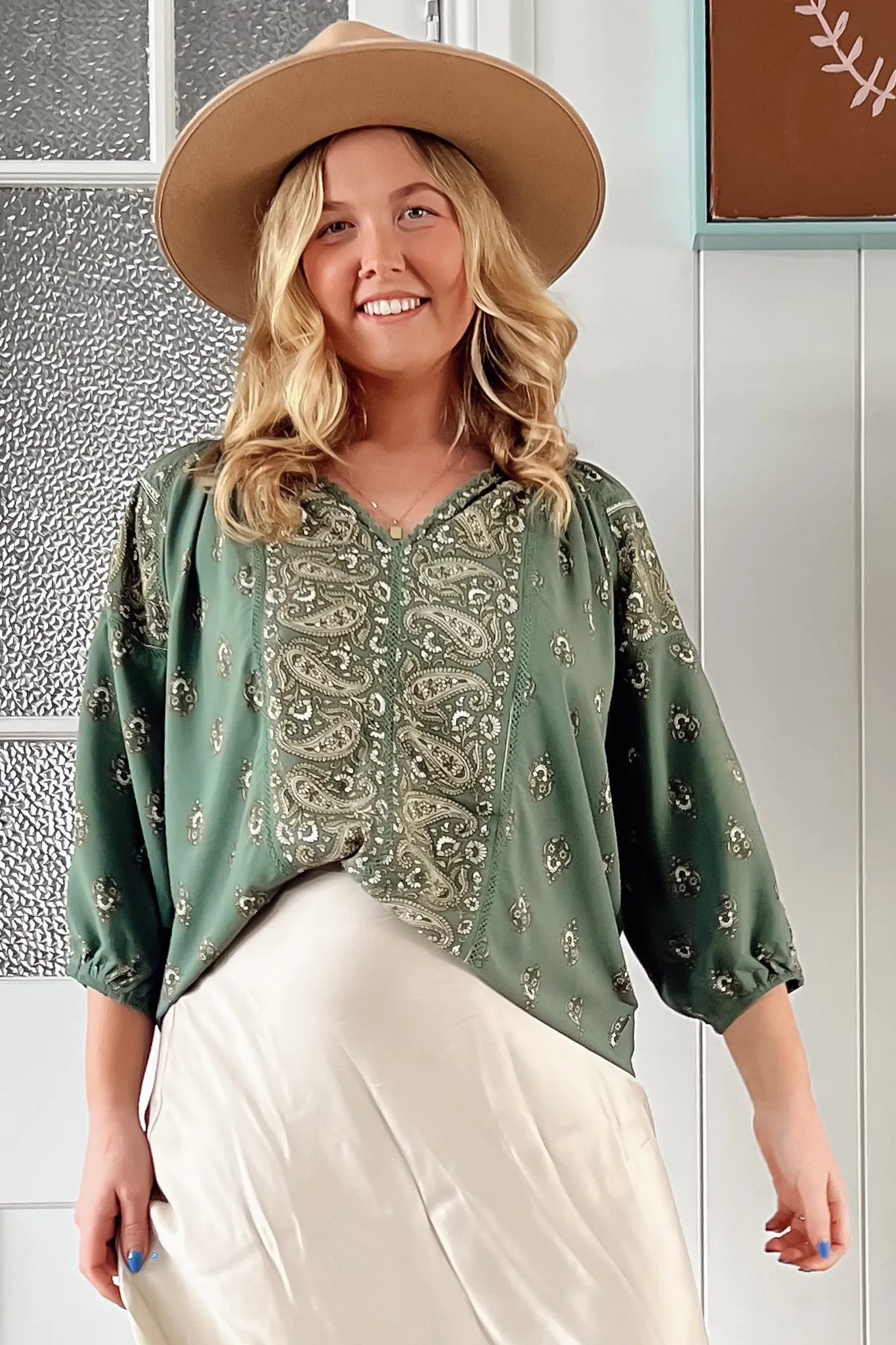 Montie Blouse - Mandarin Collar Lace Trim Detailed Top in Viridian Print sold by Salty Crush