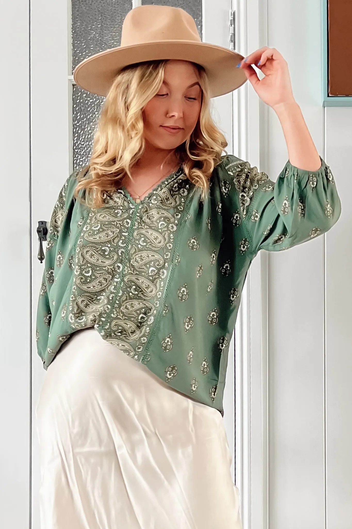 Montie Blouse - Mandarin Collar Lace Trim Detailed Top in Viridian Print sold by Salty Crush product image thumbnail 2