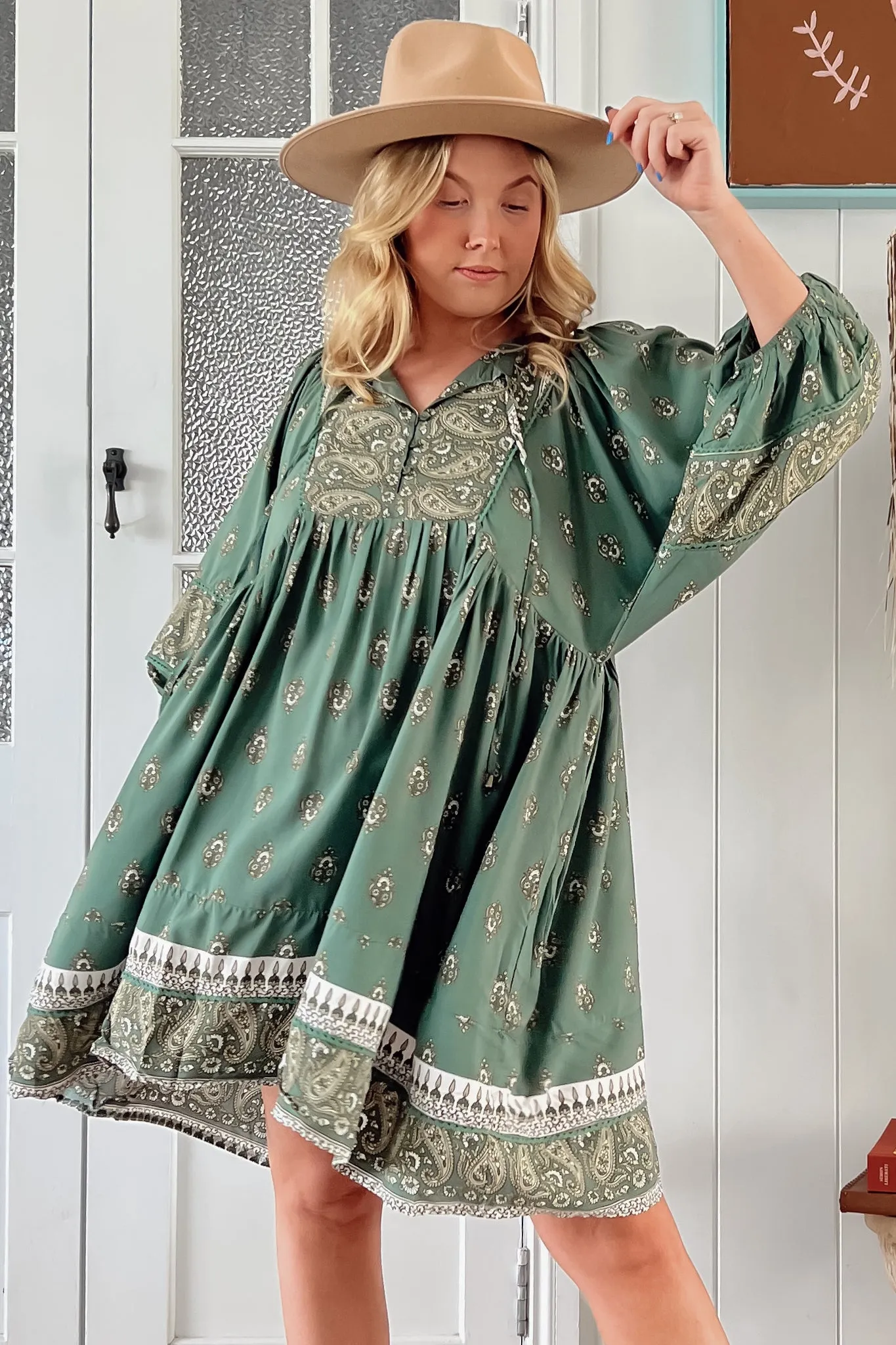 Adela Mini Dress - Oversized Smock Dress with Batwing Sleeves in Viridian Print sold by Salty Crush product image thumbnail 2