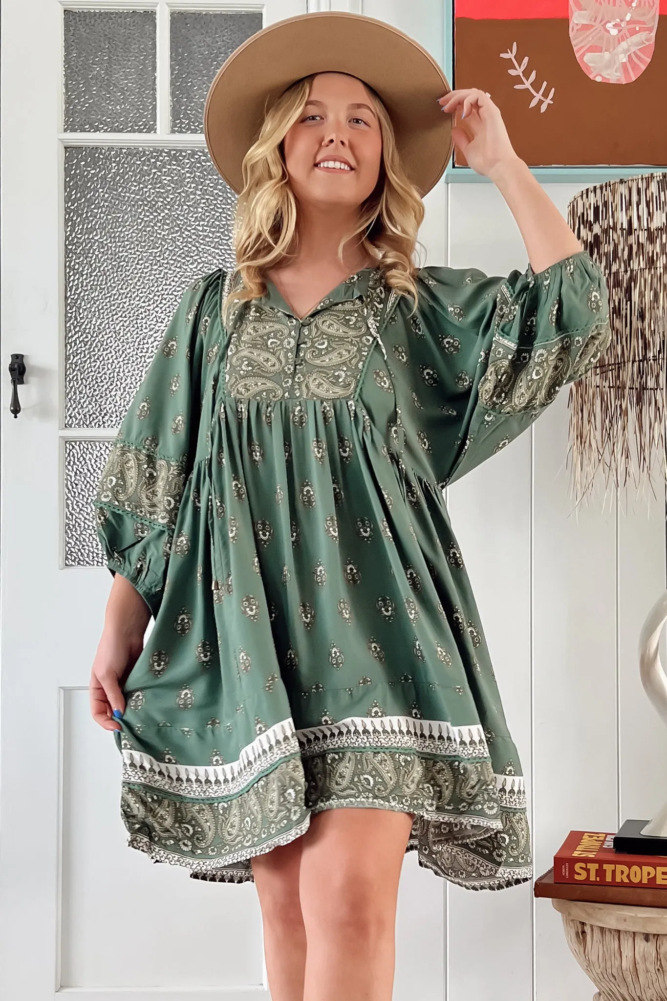 Adela Mini Dress - Oversized Smock Dress with Batwing Sleeves in Viridian Print sold by Salty Crush product image thumbnail 4