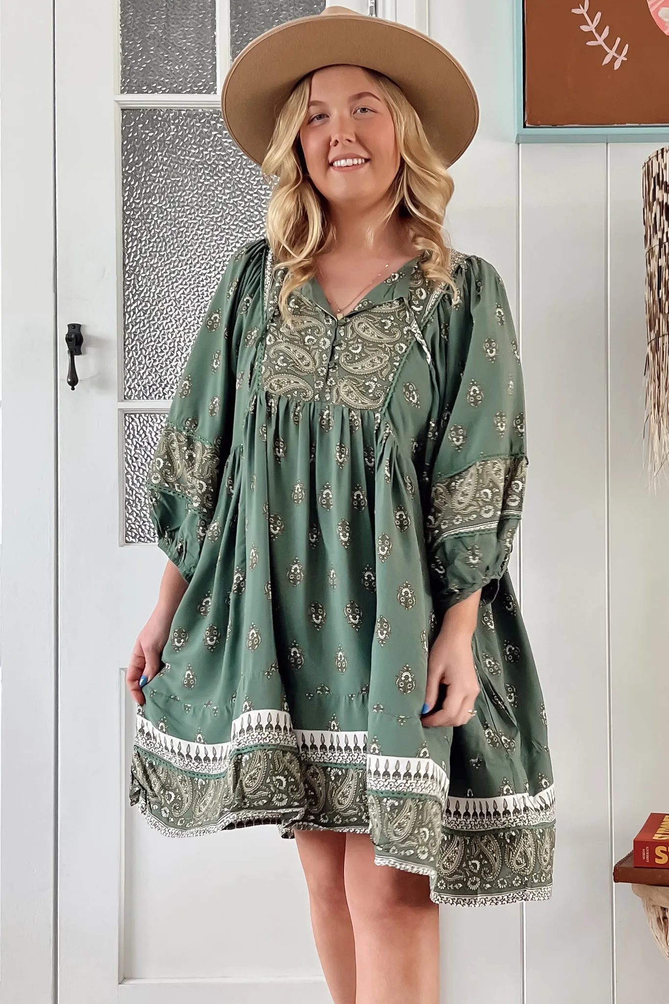 Adela Mini Dress - Oversized Smock Dress with Batwing Sleeves in Viridian Print sold by Salty Crush product image thumbnail 3