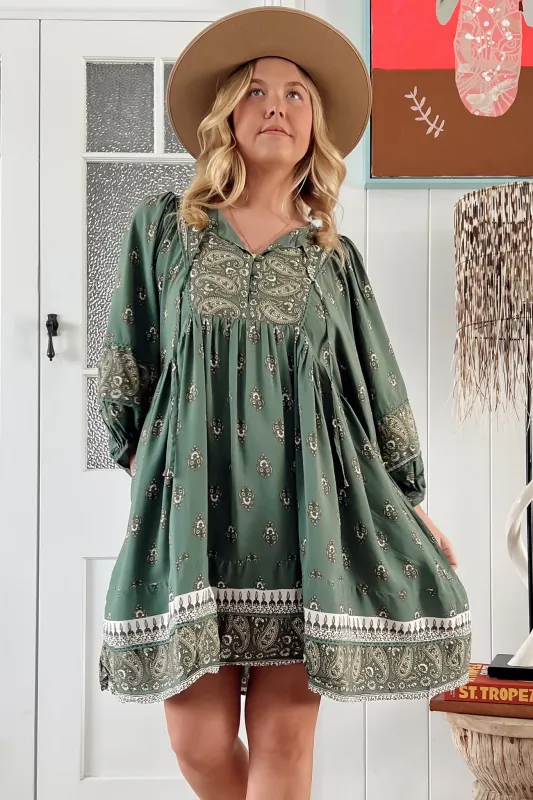 JAASE - Adela Mini Dress: Oversized Smock Dress with Batwing Sleeves in Viridian Print sold by Salty Crush