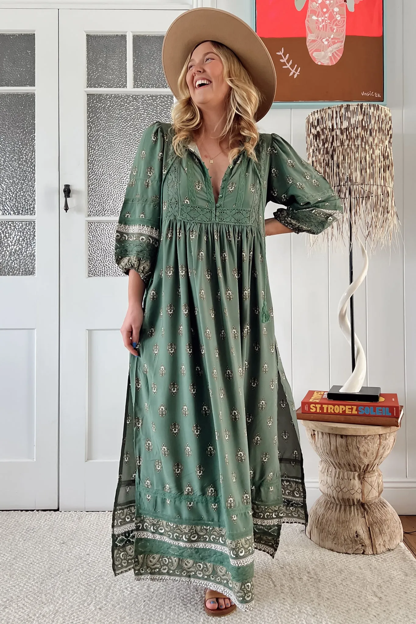 Meadow Maxi Dress - Lace Insert Detailed Dress with Side Splits in Viridian Print sold by Salty Crush product image thumbnail 3