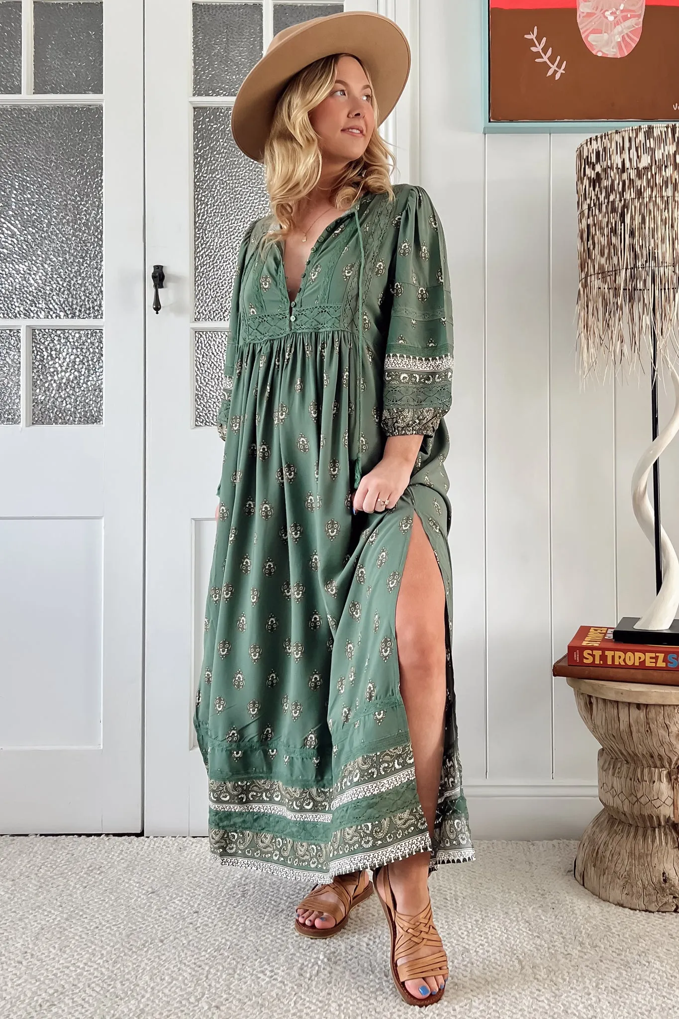 Meadow Maxi Dress - Lace Insert Detailed Dress with Side Splits in Viridian Print sold by Salty Crush product image thumbnail 2