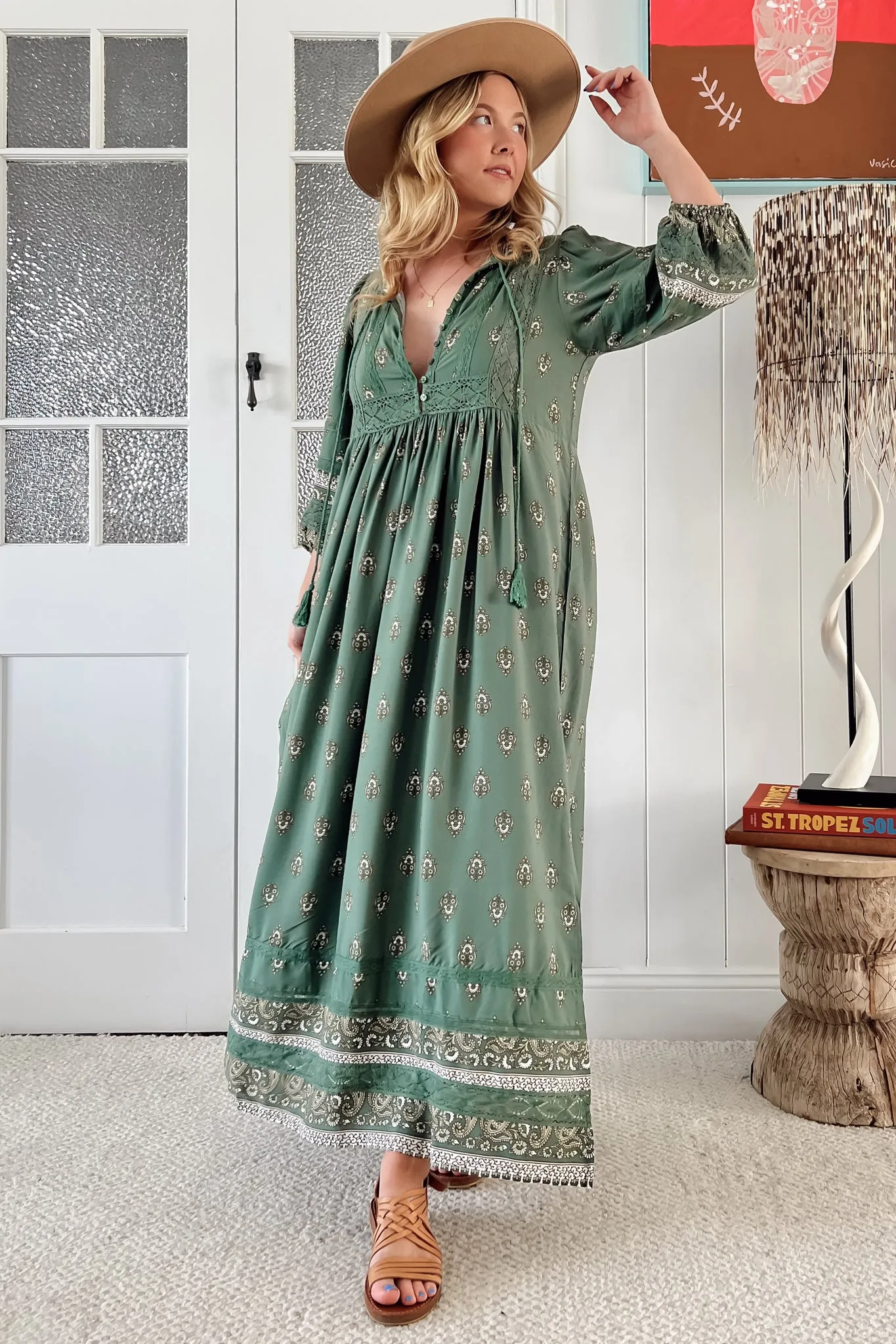 Meadow Maxi Dress - Lace Insert Detailed Dress with Side Splits in Viridian Print sold by Salty Crush product image thumbnail 5