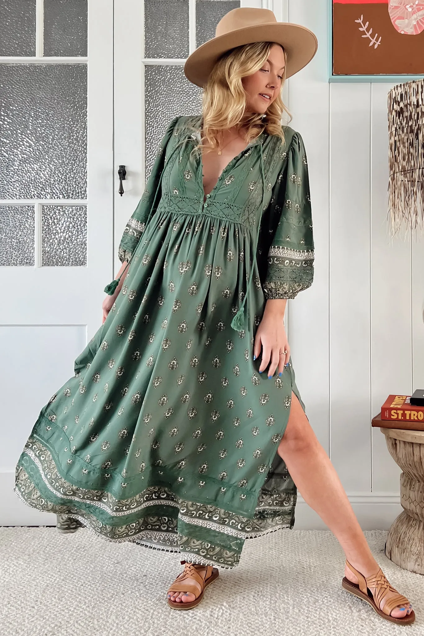 Meadow Maxi Dress - Lace Insert Detailed Dress with Side Splits in Viridian Print sold by Salty Crush product image thumbnail 4