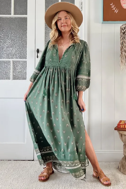 Meadow Maxi Dress - Lace Insert Detailed Dress with Side Splits in Viridian Print sold by Salty Crush