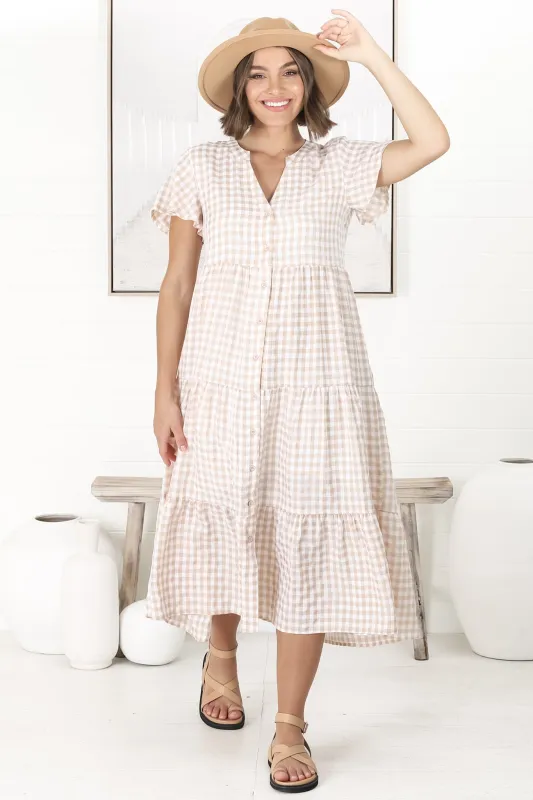 Milla Midi Dress - Tiered Button Down Dress in Gingham Mistee Print Beige sold by Salty Crush