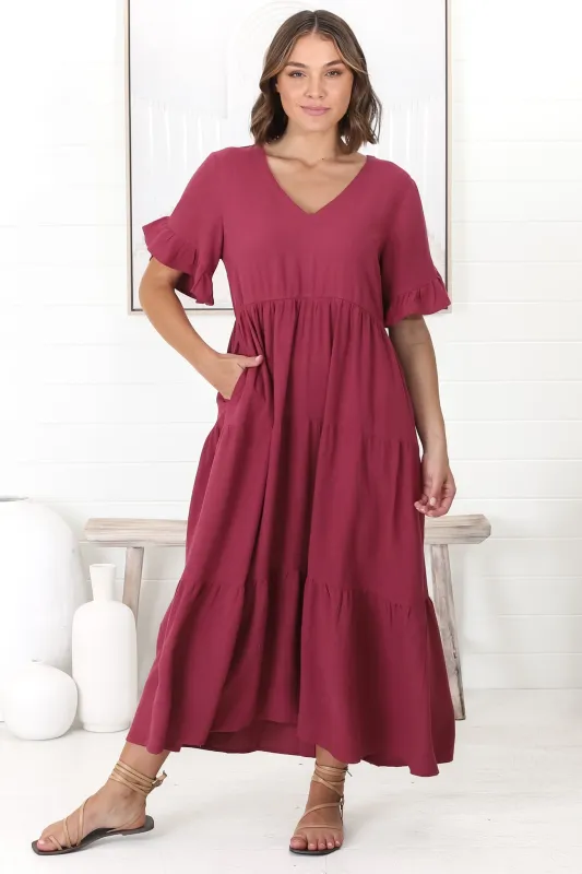 Audrina Midi Dress -  V-Neck Tiered Linen Dress with Pockets in Burgundy sold by Salty Crush