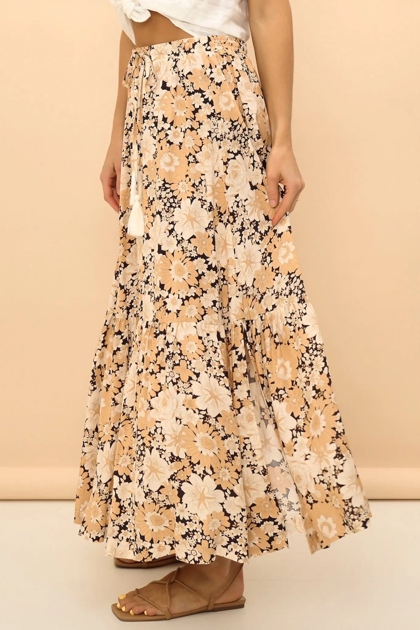 Zia Maxi Skirt - High Waisted Skirt with Tassel Waist Tie and Front Splits in Lyanna Print sold by Salty Crush product image thumbnail 4